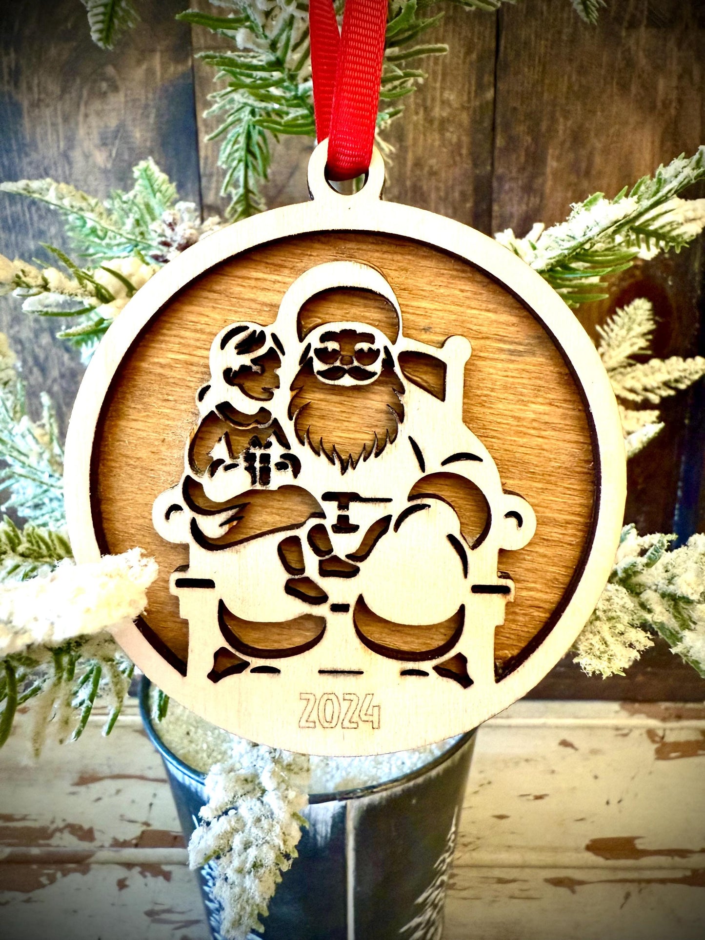 Santa Claus with Little Girl on Lap Personalized 2-Layer Wood Christmas Ornament & Gift Tag | Multiple Finishes | Holiday Gift