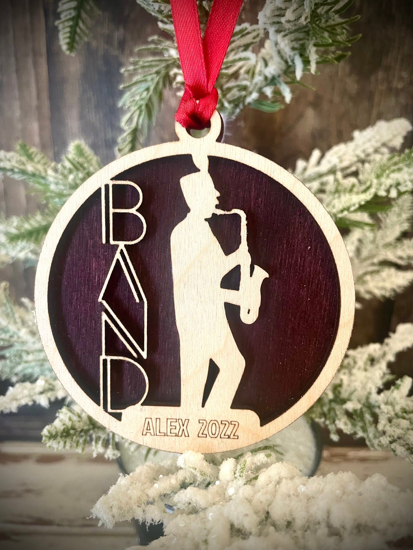 Marching Band Saxophone Player Personalized 2-Layer Wood Christmas Ornament & Gift Tag | Multiple Finishes | Music Gift (#6)