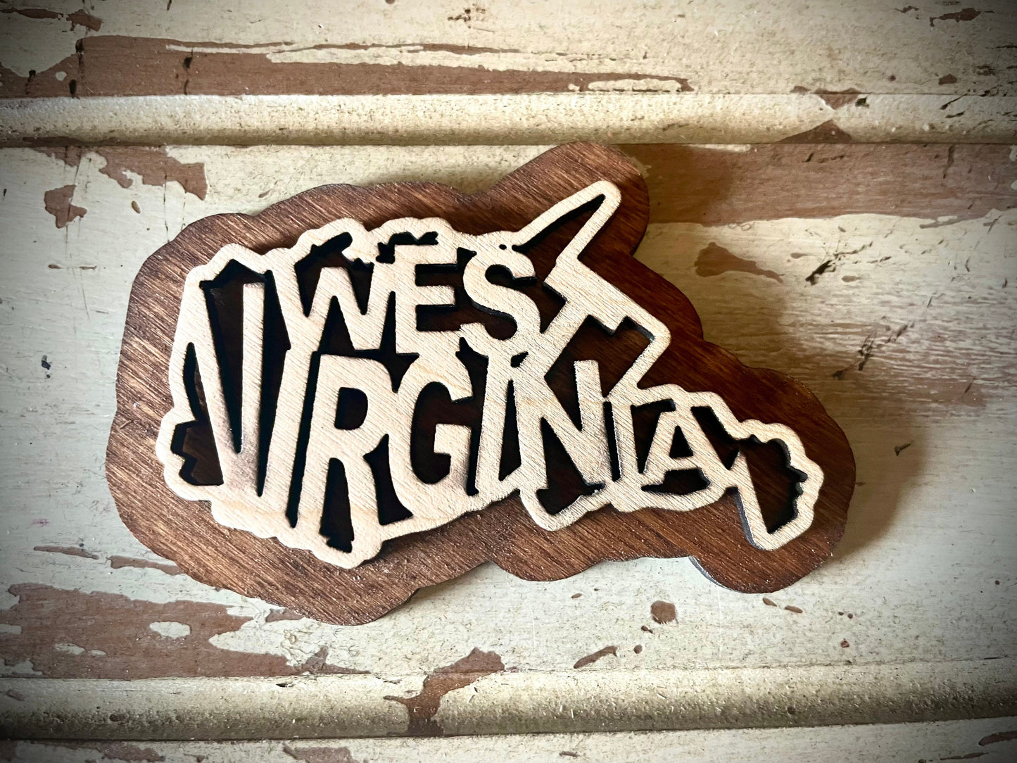 West Virginia Word Art 2-Layer Wood Refrigerator Magnet | 12 Finishes | State Pride Gift