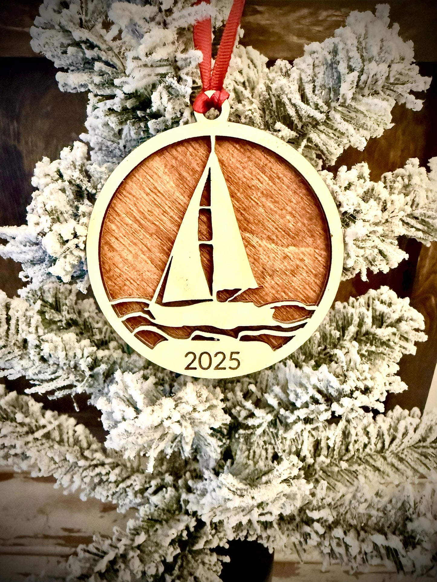 Sailboat 2-layer personalized laser cut wood Christmas ornament, gift tag available unfinished or stained