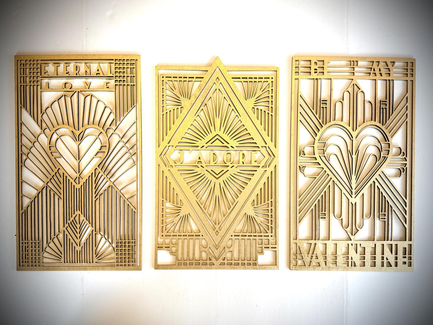 Boho Modern Art Deco LOVE THEMED wood wall art, 3 panel set available in multiple sizes and finishes