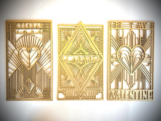 Boho Modern Art Deco LOVE THEMED wood wall art, 3 panel set available in multiple sizes and finishes