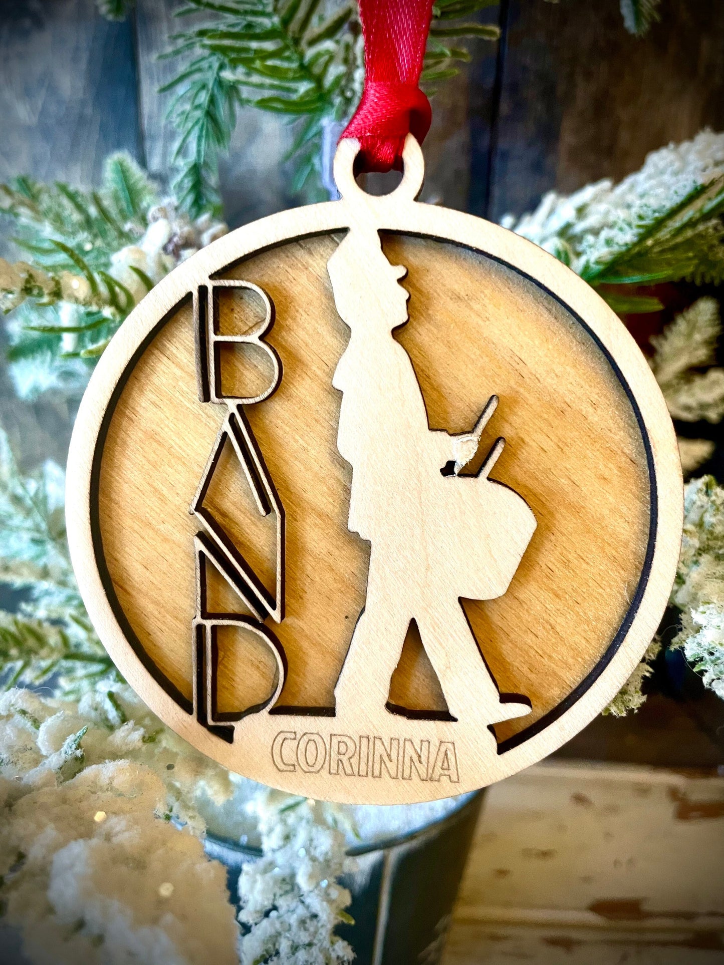 Marching band snare drum player 2-layer personalized laser cut wood Christmas ornament, gift tag available unfinished or stained v. 4 of 18
