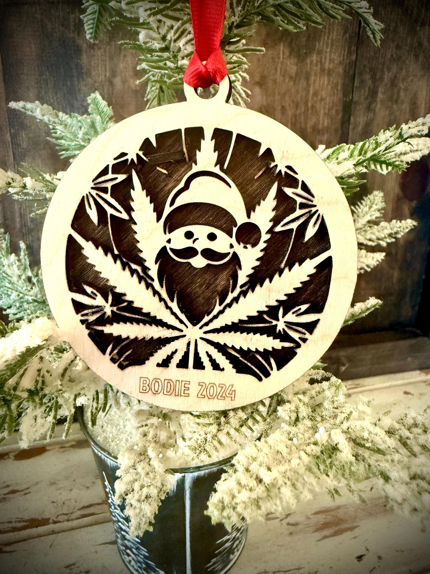 Santa with Cannabis Leaves Personalized 2-Layer Wood Christmas Ornament & Gift Tag | Multiple Finishes | Funny Gift
