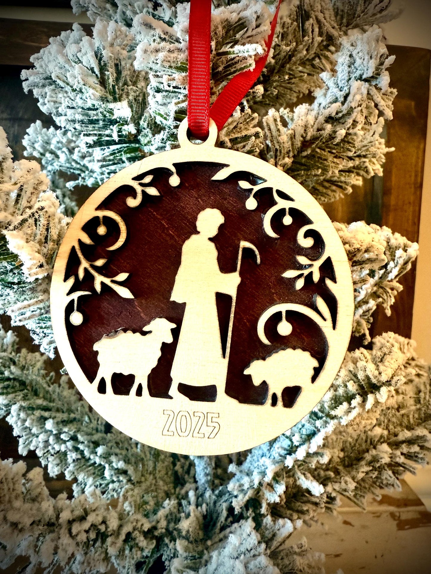 Shepherd with Sheep Personalized 2-Layer Wood Christmas Ornament & Gift Tag | Multiple Finishes | Religious Gift
