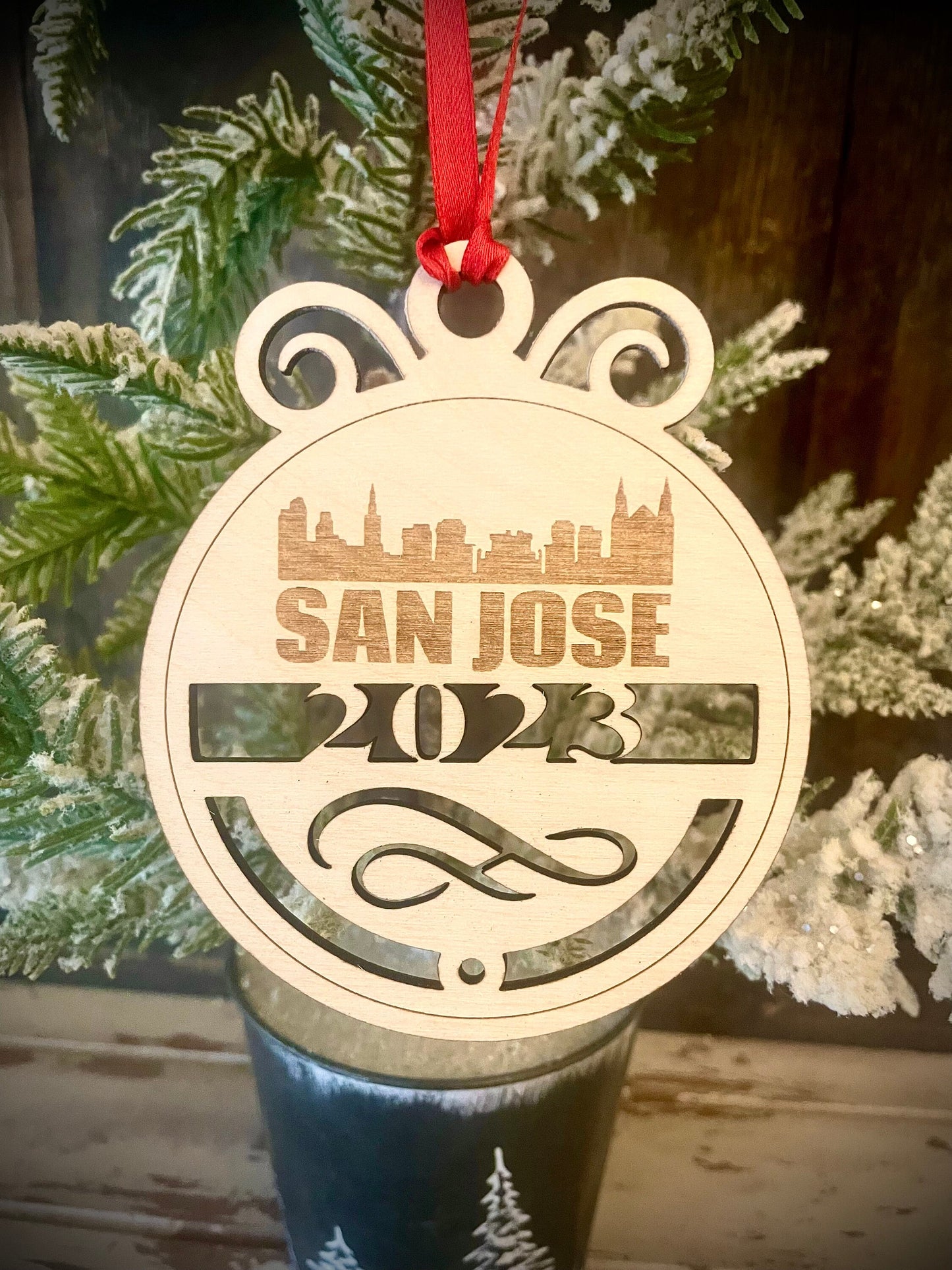 San Jose Skyline Wood Ornament | Choice of Year | 4" x 4.75" | Travel Souvenir Gift