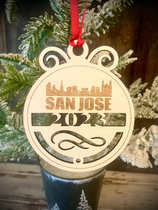 San Jose Skyline Wood Ornament | Choice of Year | 4" x 4.75" | Travel Souvenir Gift