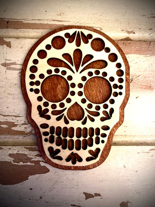 Mexican Sugar Skull 2-Layer Wood Refrigerator Magnet | 12 Finishes | Day of the Dead Gift