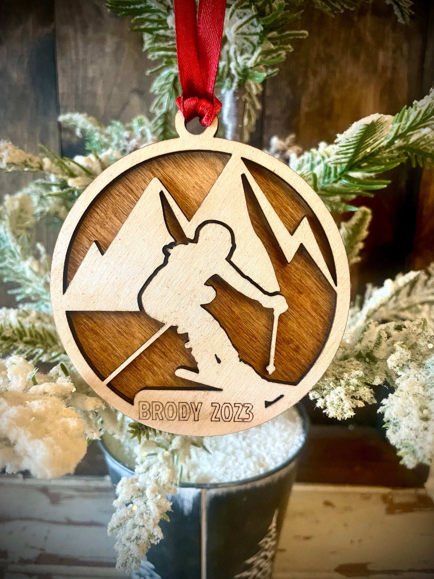 Skier Personalized 2-Layer Wood Christmas Ornament & Gift Tag | Multiple Finishes | Skiing Gift (#2)