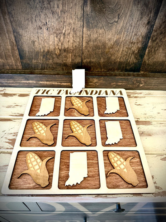 Tic Tac Indiana Wood Game | Laser Engraved | 12 Finishes | Indiana Gift