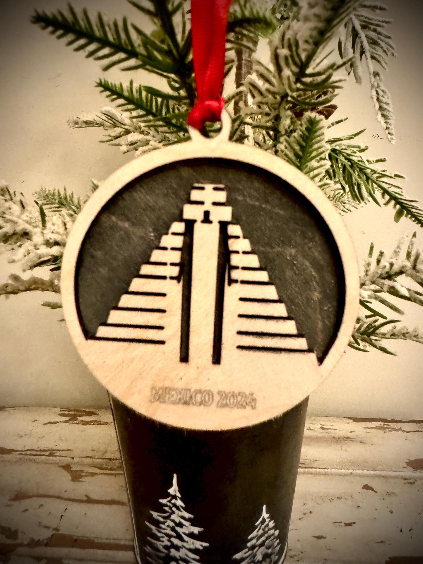 Chichen Itza Mayan Pyramid Personalized 2-Layer Wood Christmas Ornament & Gift Tag | Multiple Finishes | Travel Gift