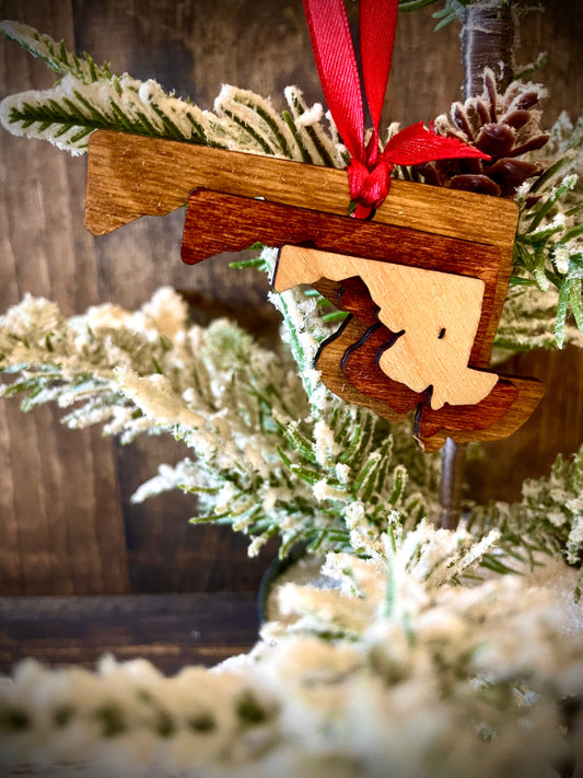 Maryland 3-Layer Stacked Wood Ornament & Gift Tag | Brown & Gray Tones | State Pride Gift