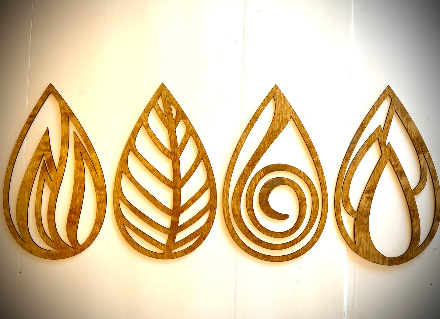 Boho 4 Elements Wood Wall Art | Earth, Water, Wind & Fire Teardrop | 4-Panel Set | Multiple Sizes & Finishes