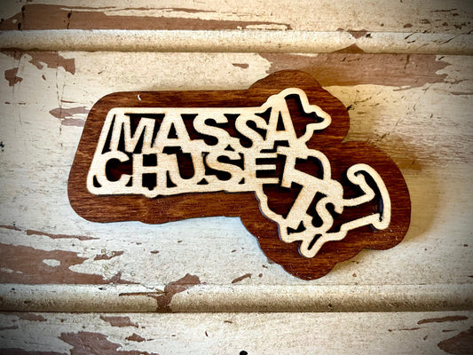 Massachusetts Word Art 2-Layer Wood Refrigerator Magnet | 12 Finishes | State Pride Gift