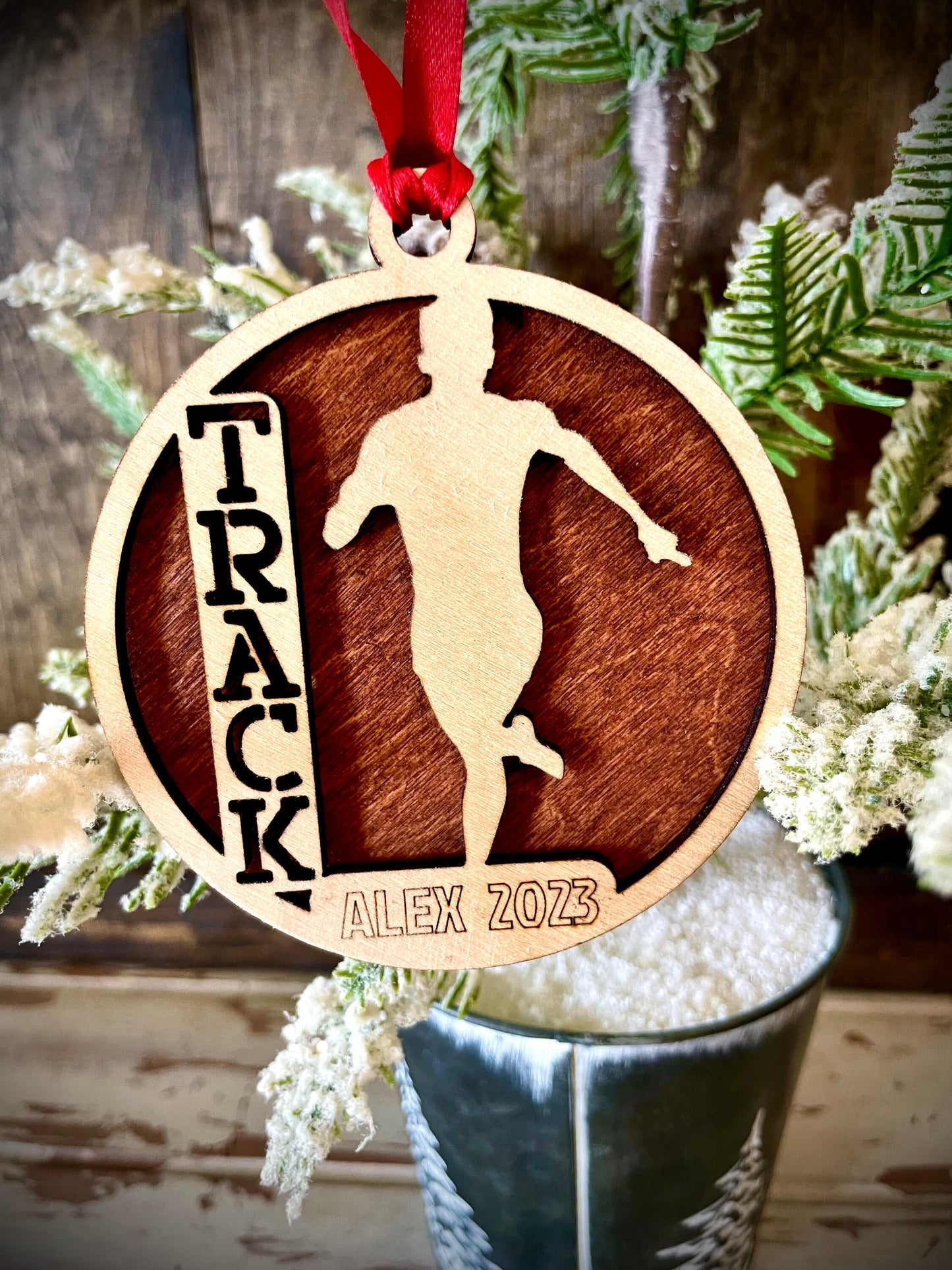 Track Runner Personalized 2-Layer Wood Christmas Ornament & Gift Tag | Multiple Finishes | Running Gift (#5)