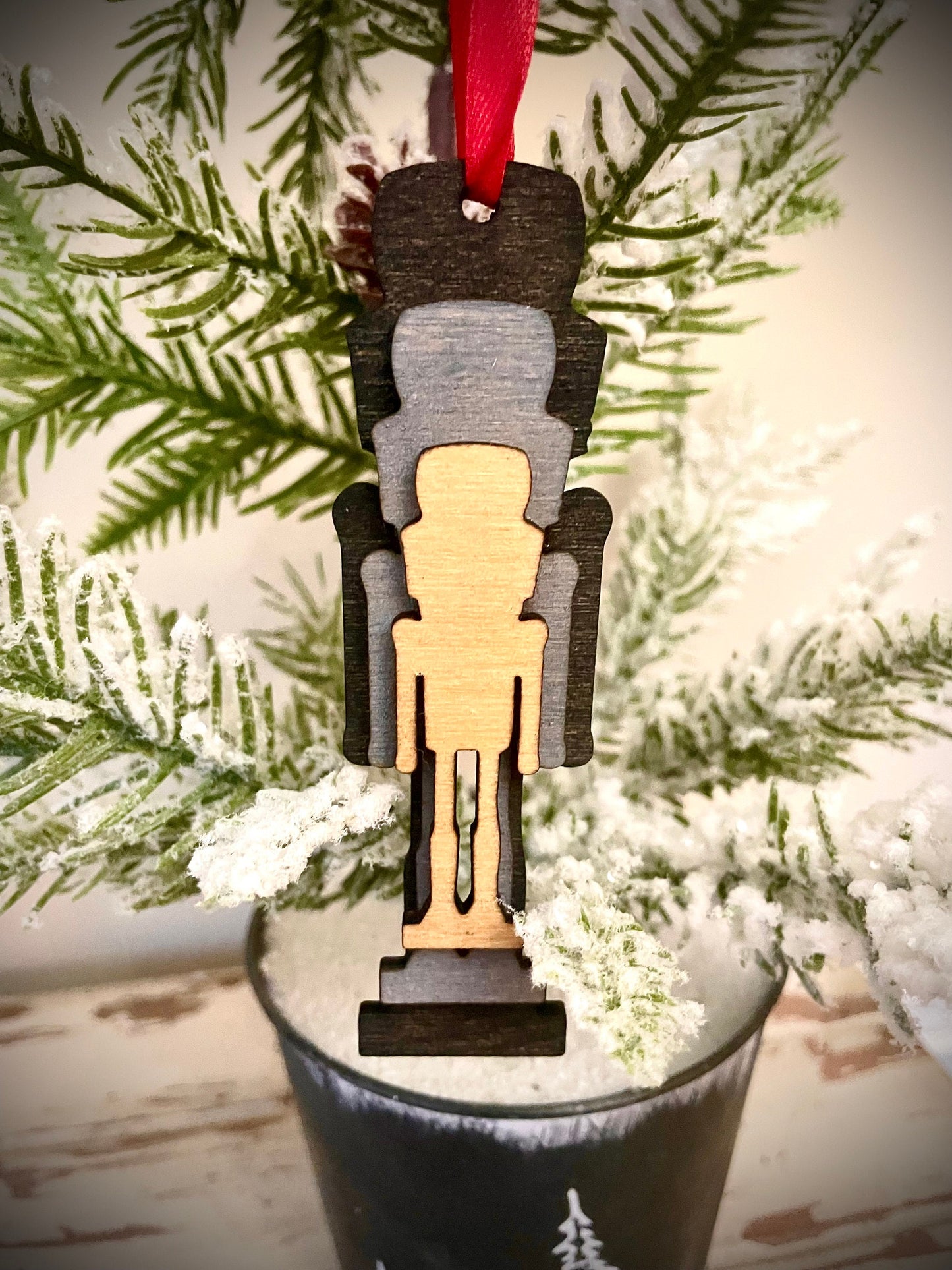 Stacked Nutcracker Wood Ornament & Gift Tag | Brown & Gray Tones | Holiday Gift