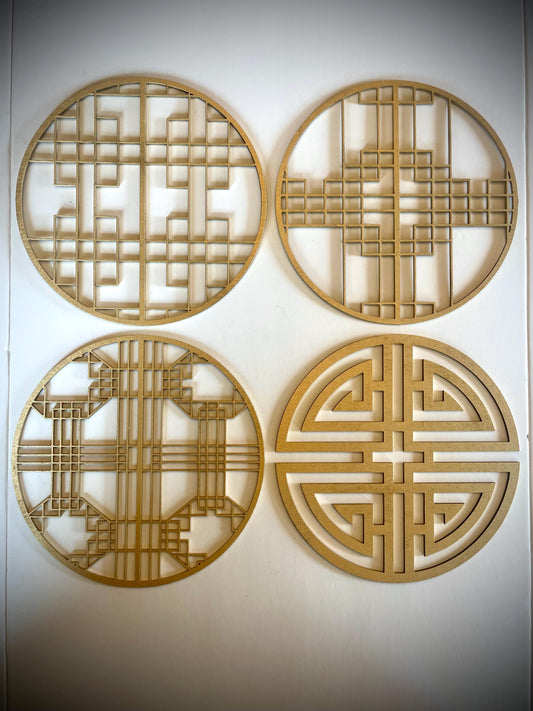 Boho Modern Art Deco Chinese symbols wood wall art, 4 panel circles in multiple sizes and finishes, wall decor