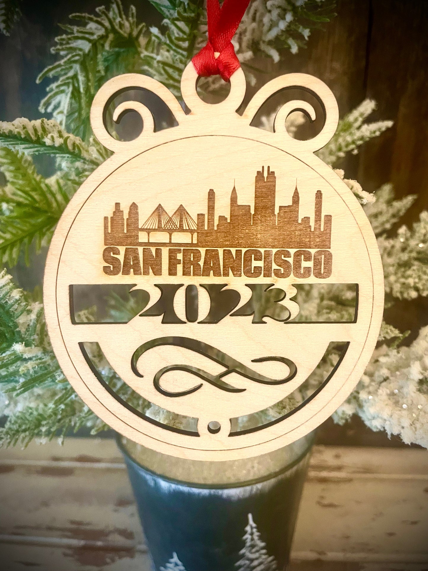 San Francisco Skyline Wood Ornament | Choice of Year | 4" x 4.75" | Travel Souvenir Gift