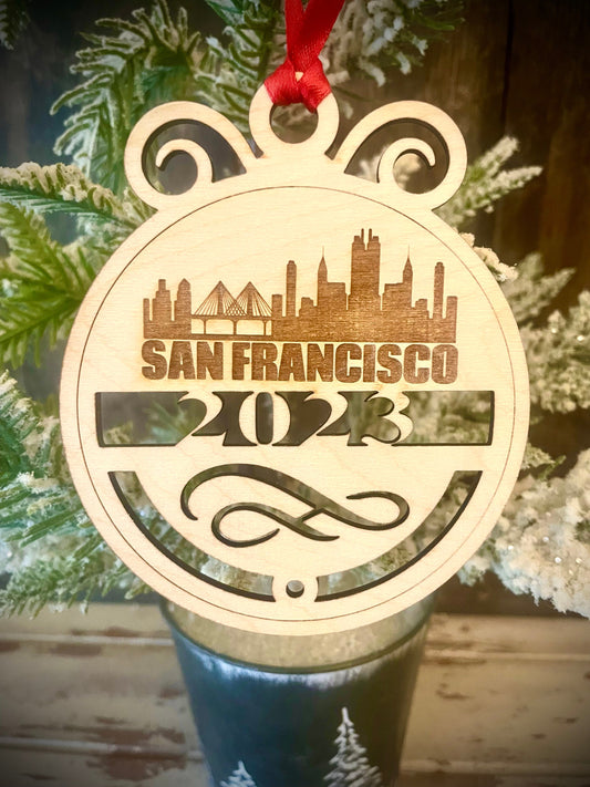 San Francisco Skyline Wood Ornament | Choice of Year | 4" x 4.75" | Travel Souvenir Gift