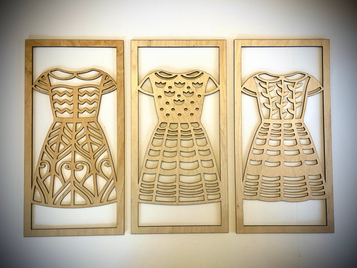 Boho Fashion Sundress Mandala wood wall art 3-panel set in Natural Stain hanging on a white wall
