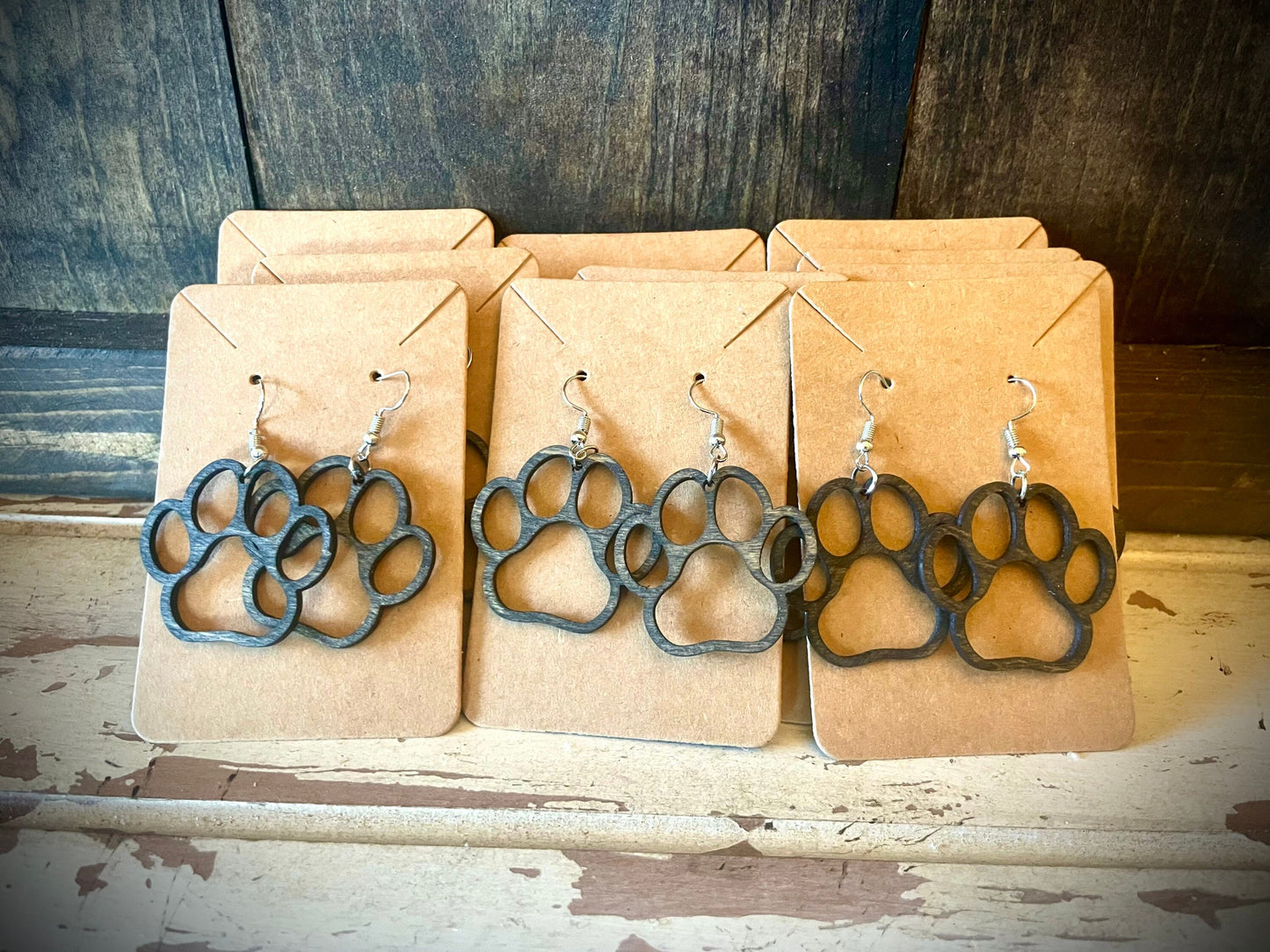 Dog Paw Wood Dangle Earrings | Single or Double Layer | 3 Sizes, 12 Finishes