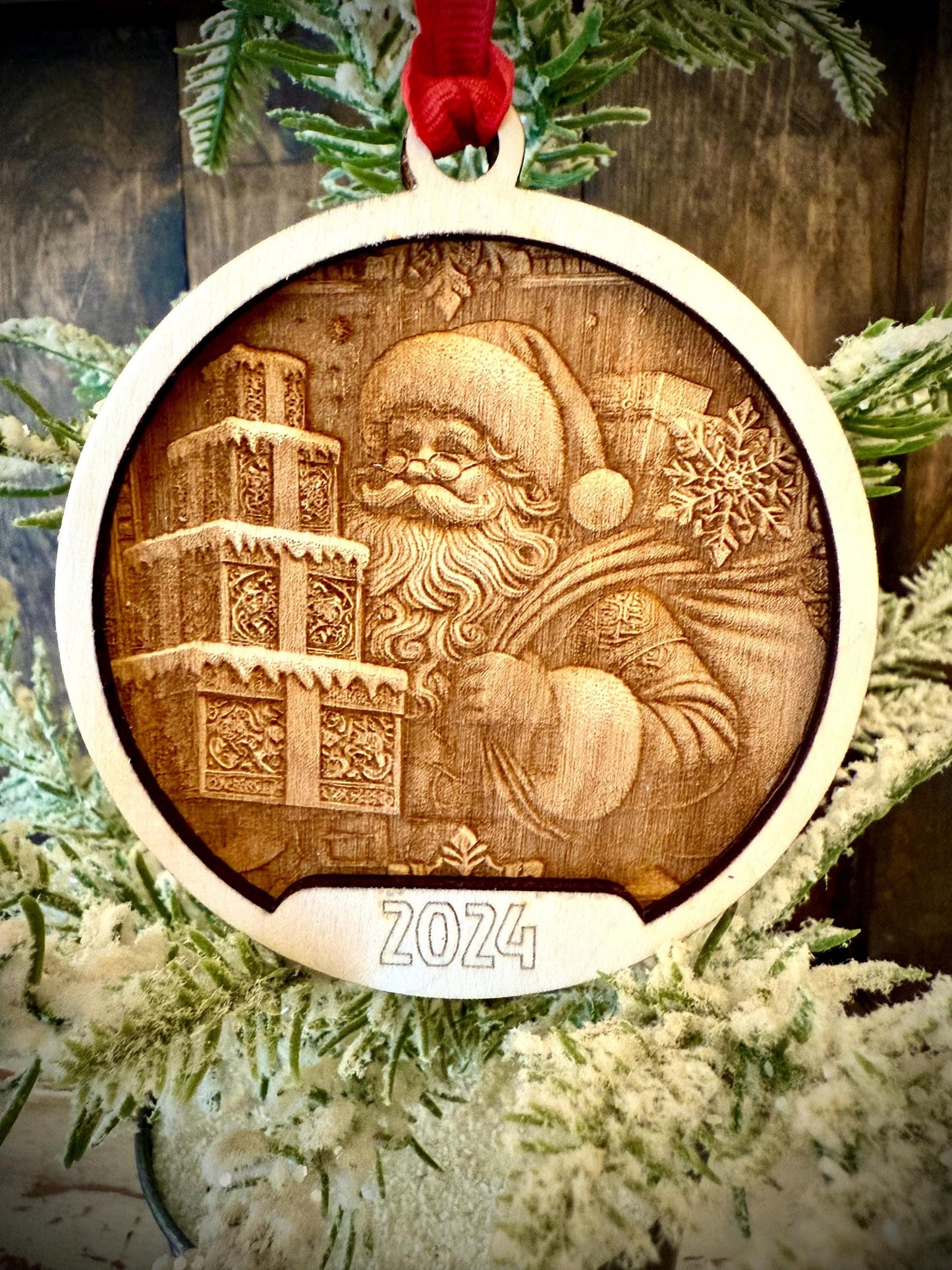 Old Fashioned Santa with Gifts Personalized 2-Layer Wood Christmas Ornament & Gift Tag | Multiple Finishes | Holiday Gift
