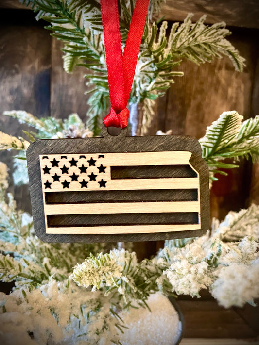 Kansas US Flag Wood Ornament & Gift Tag | 12 Finishes | Patriotic Gift