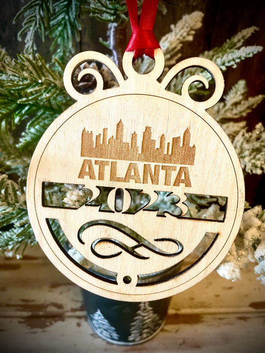 Atlanta Skyline Wood Ornament | Choice of Year | 4" x 4.75" | Travel Souvenir Gift