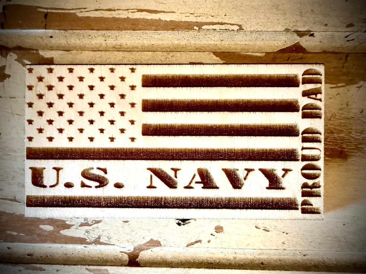 US Navy Proud Dad Laser Engraved US Flag Wood Refrigerator Magnet | 4" x 2.1" | Military Gift