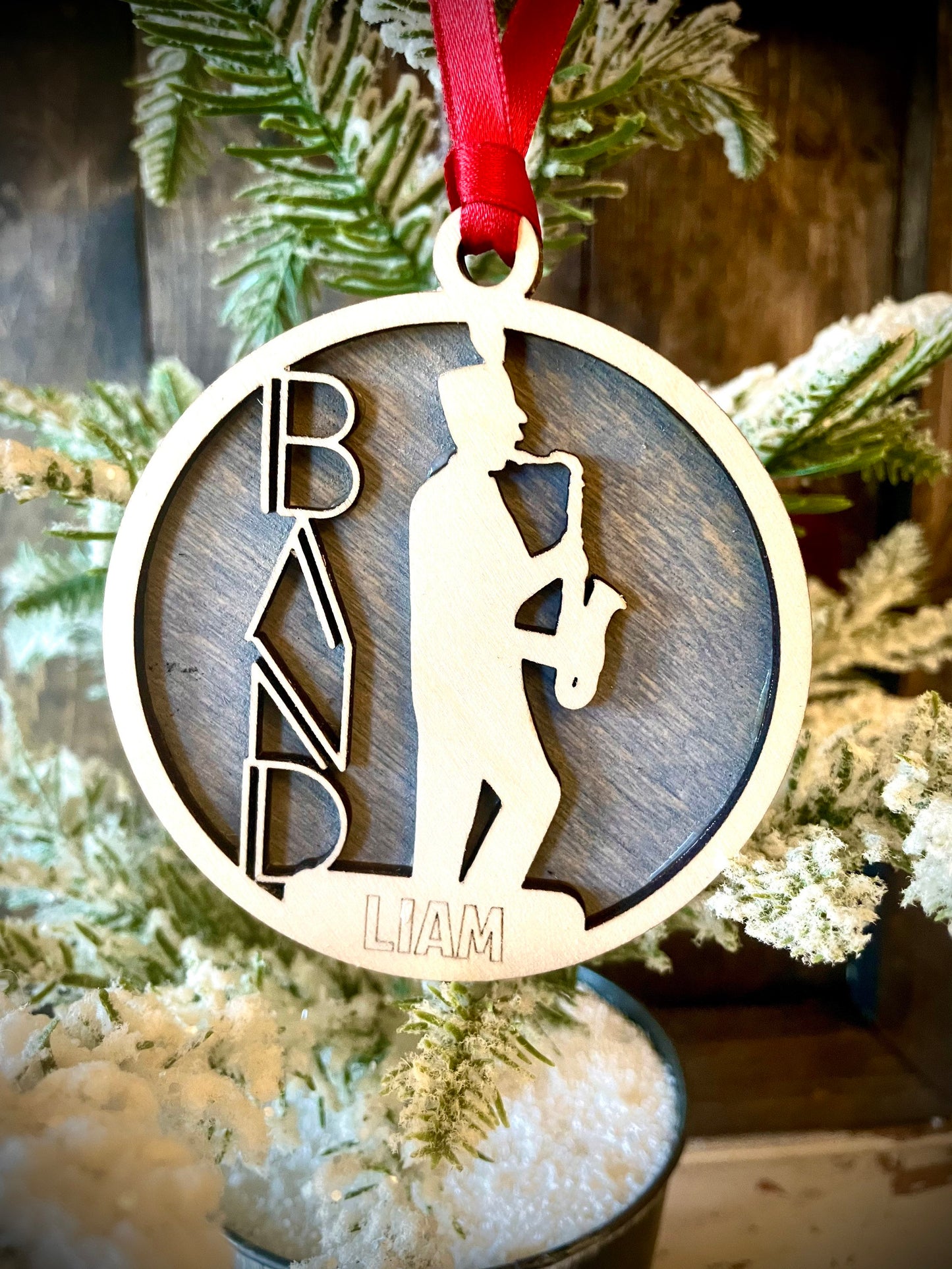 Marching Band Saxophone Player Personalized 2-Layer Wood Christmas Ornament & Gift Tag | Multiple Finishes | Music Gift (#6)
