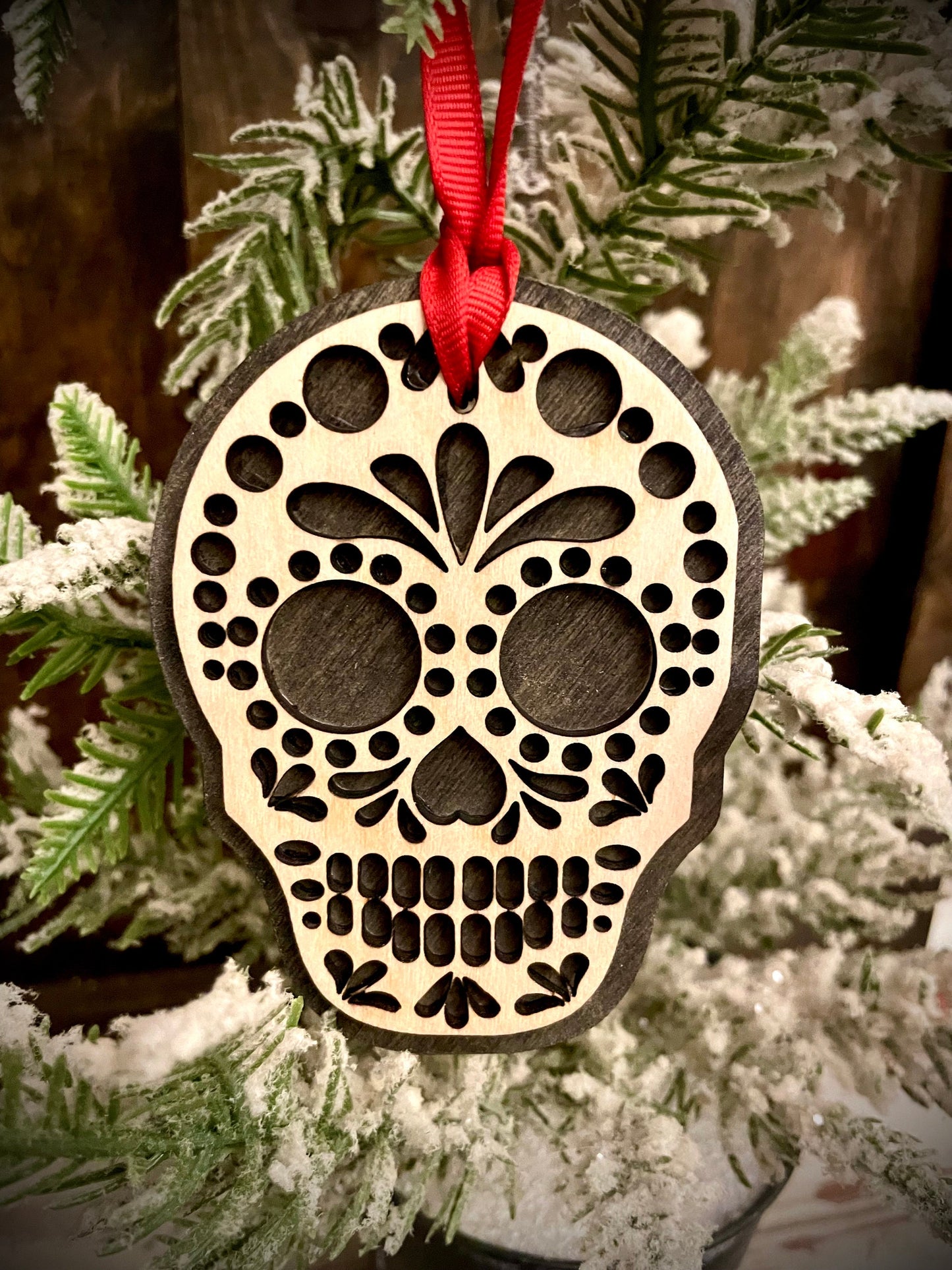 Sugar Skull 2-Layer Wood Christmas Ornament & Gift Tag | Multiple Finishes | Day of the Dead Gift