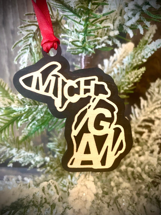 Michigan Word Art Wood Ornament & Gift Tag | 12 Finishes | State Pride Gift