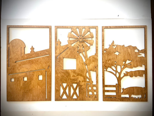 Farm Scene Wood Wall Art | Pig | 3-Panel Set | Multiple Sizes & Finishes