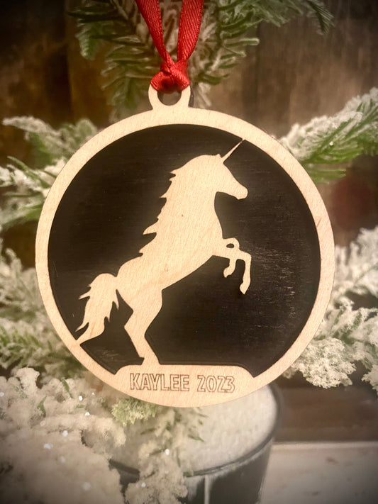 Unicorn Personalized 2-Layer Wood Christmas Ornament & Gift Tag | Multiple Finishes | Unicorn Gift (#1)