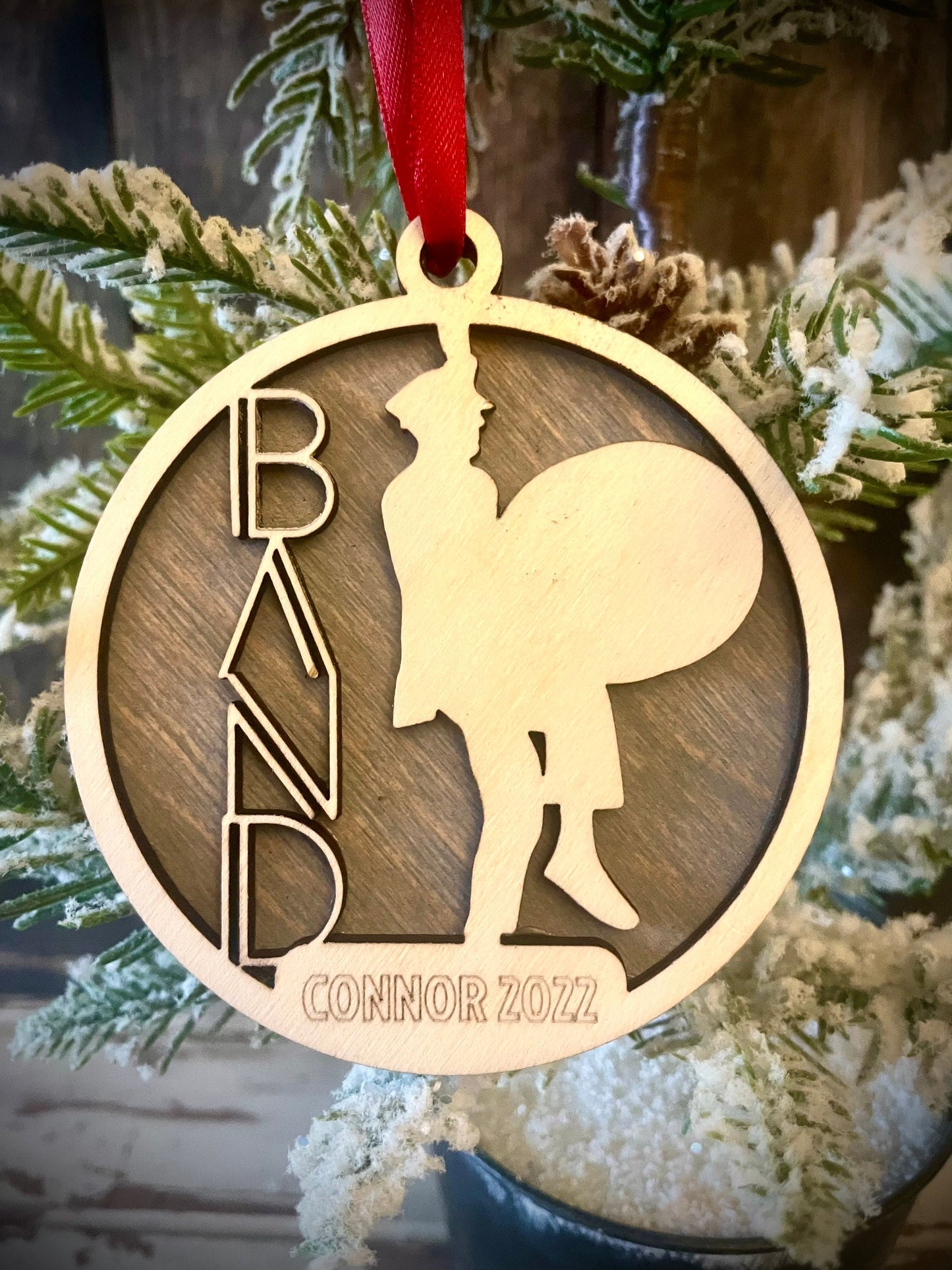 Marching Band Bass Drum Player Personalized 2-Layer Wood Christmas Ornament & Gift Tag | Multiple Finishes | Music Gift (#5)
