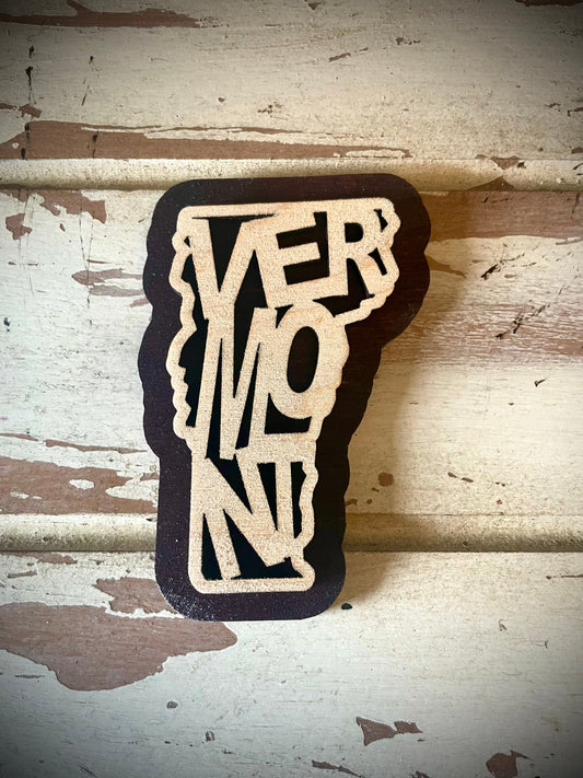 Vermont Word Art 2-Layer Wood Refrigerator Magnet | 12 Finishes | State Pride Gift
