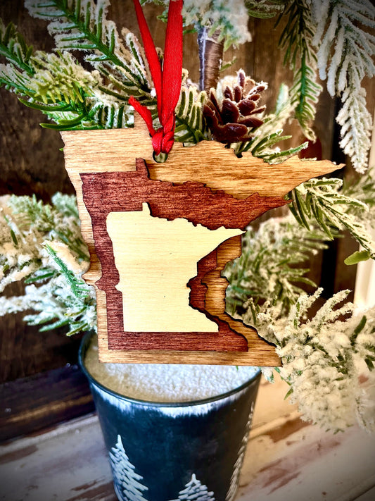 Minnesota 3-Layer Stacked Wood Ornament & Gift Tag | Brown & Gray Tones | State Pride Gift