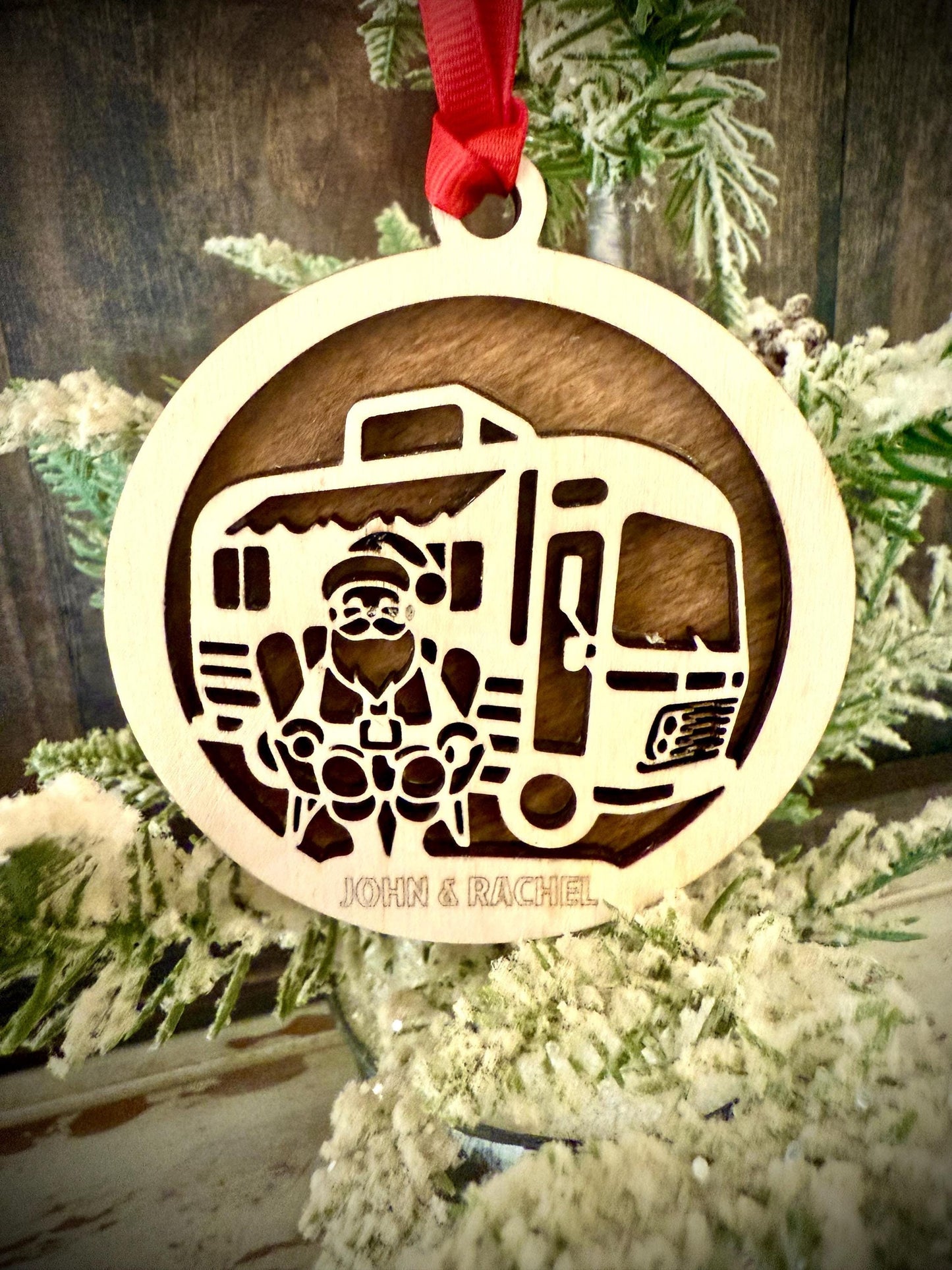 Santa with Camper RV Personalized 2-Layer Wood Christmas Ornament & Gift Tag | Multiple Finishes | Camping Gift