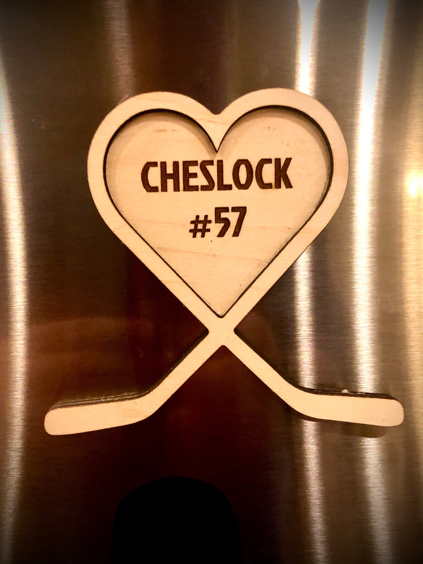 Personalized Hockey Stick Heart Wood Magnet | Engraved | Valentine's Gift