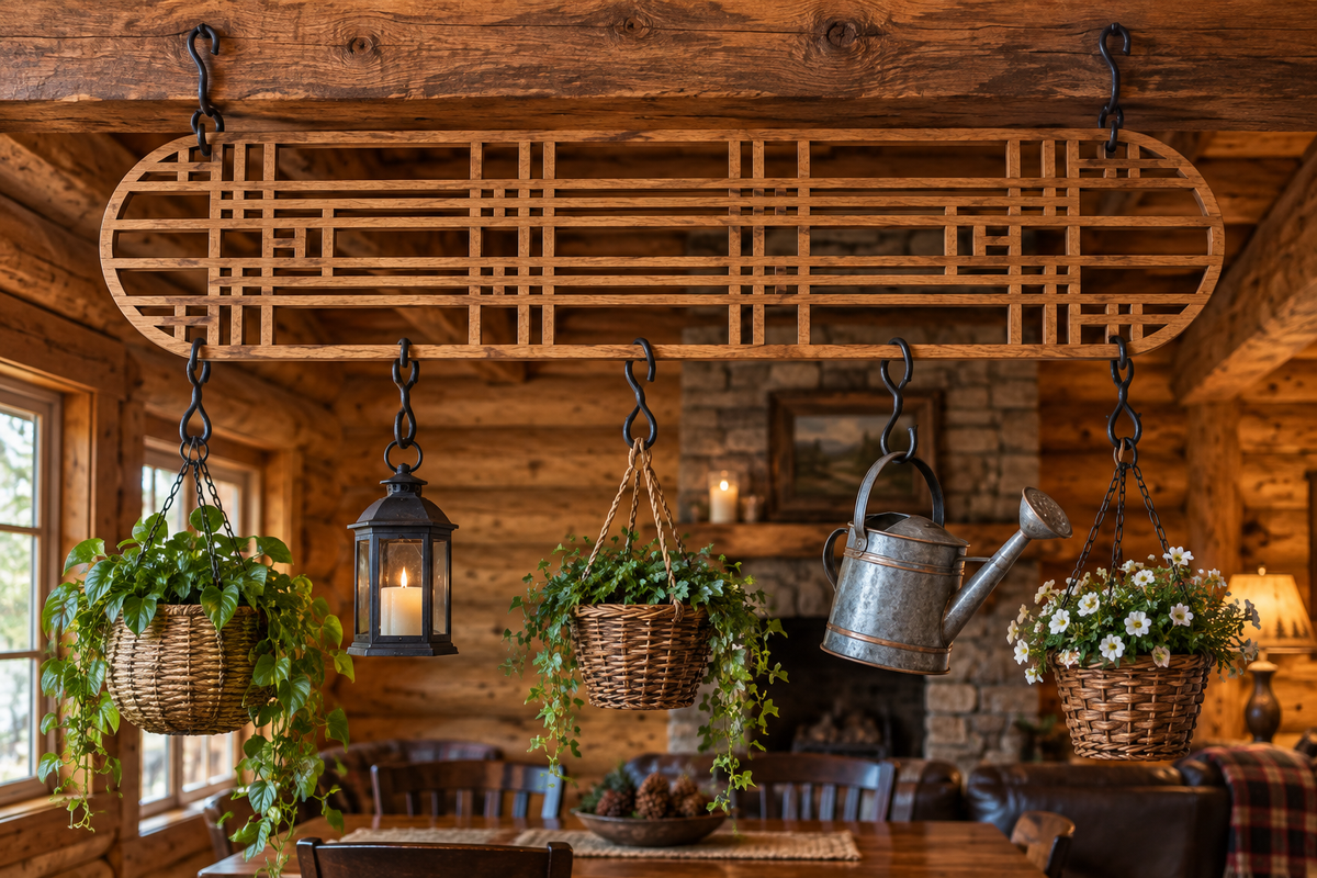 Colossal Art Deco wooden hanging rack used as a pot rack with hanging baskets, lantern, and watering can in a log cabin dining room
