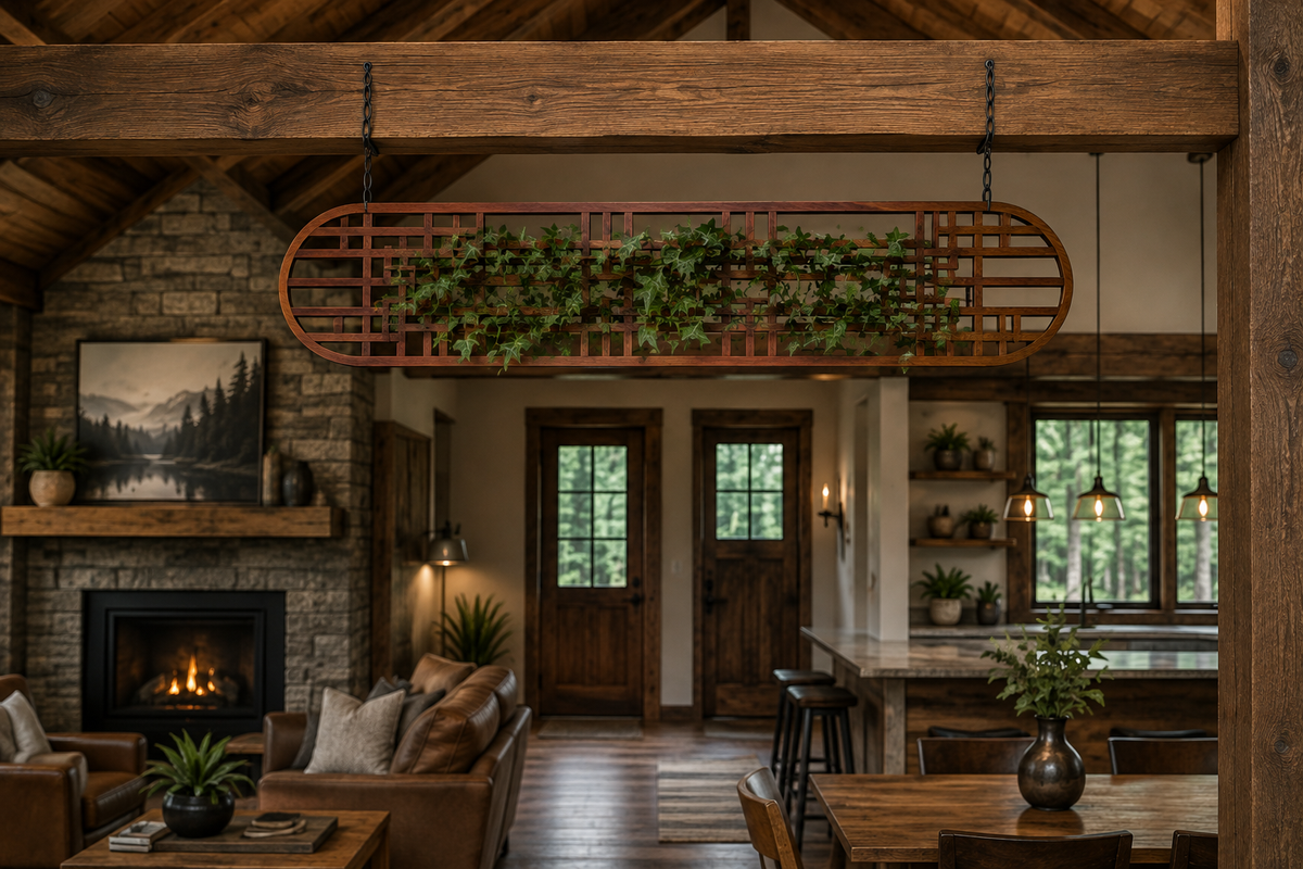 Art Deco wood hanging rack with ivy trailing across geometric lattice, suspended from ceiling beams in a rustic living room with stone fireplace
