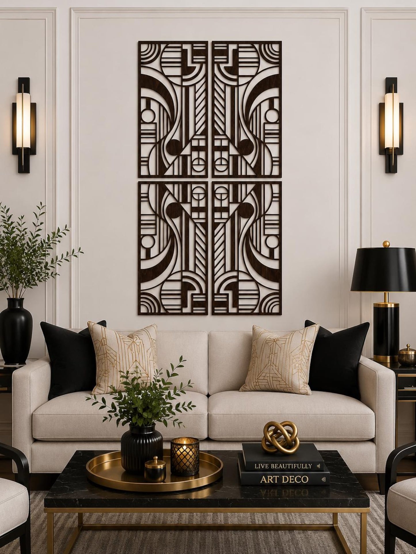 Art Deco Geometric Wood Wall Art | Large Modern 4 Panel Wall Sculpture