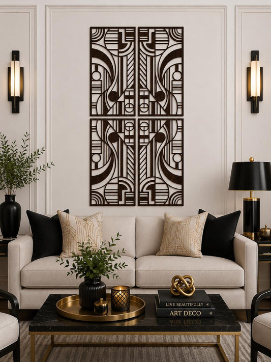 Art Deco Geometric Wood Wall Art | Large Modern 4 Panel Wall Sculpture