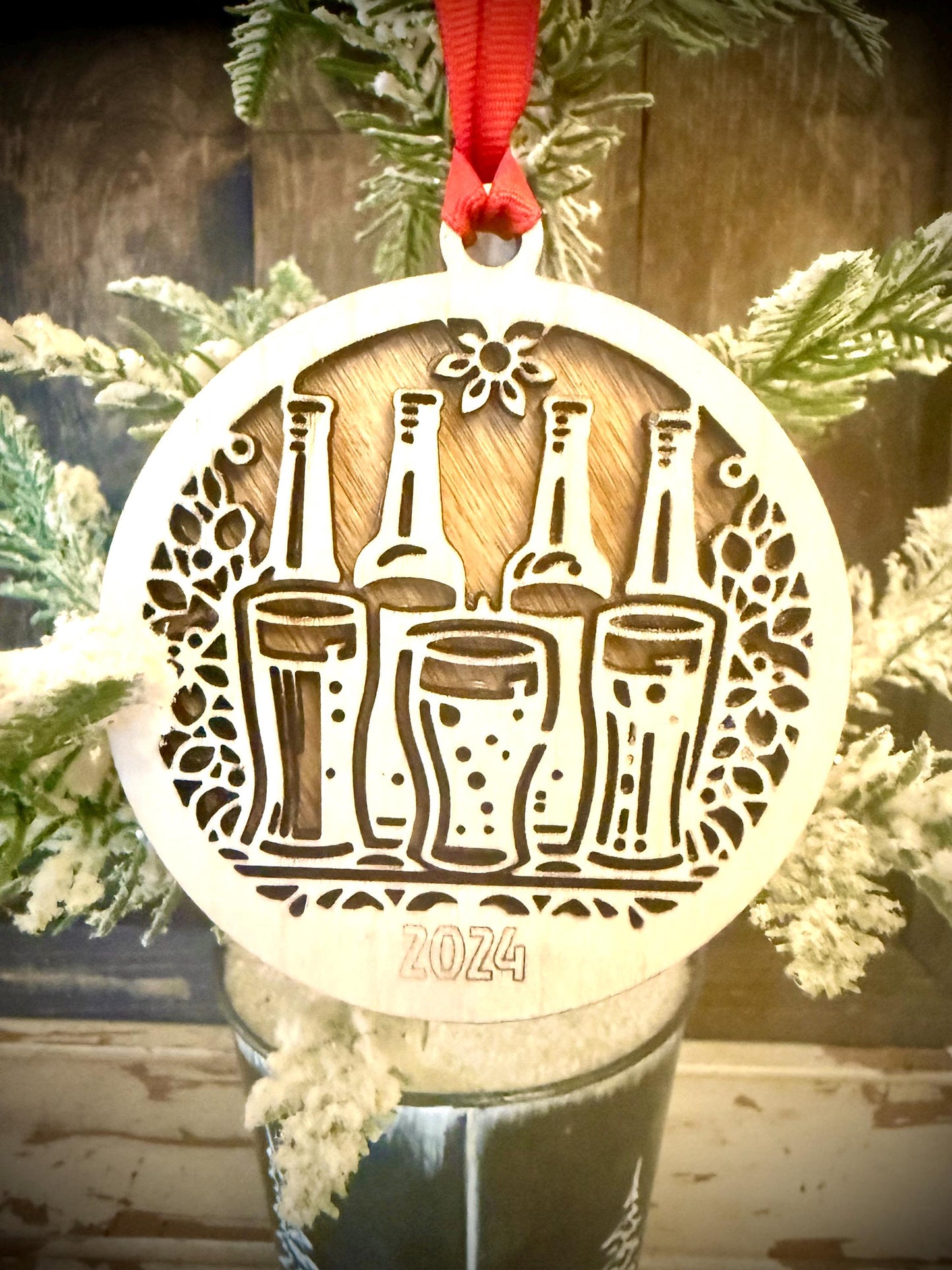 Beer Bottle and Pint Glass Personalized 2-Layer Wood Christmas Ornament & Gift Tag | Multiple Finishes | Beer Lover Gift