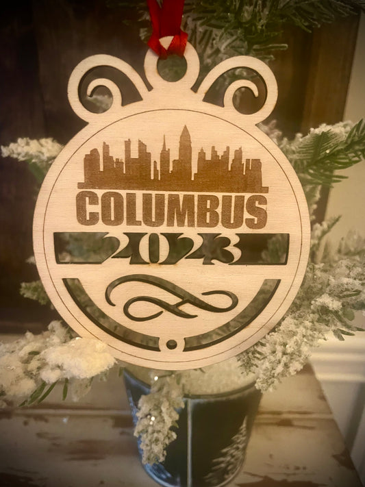 Columbus Skyline Wood Ornament | Choice of Year | 4" x 4.75" | Travel Souvenir Gift