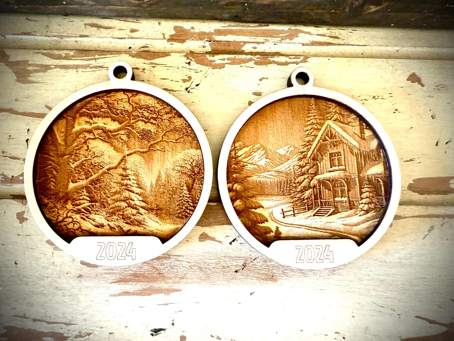 Winter Landscape with Trees 3D Relief Personalized 2-Layer Wood Christmas Ornament & Gift Tag | Holiday Gift