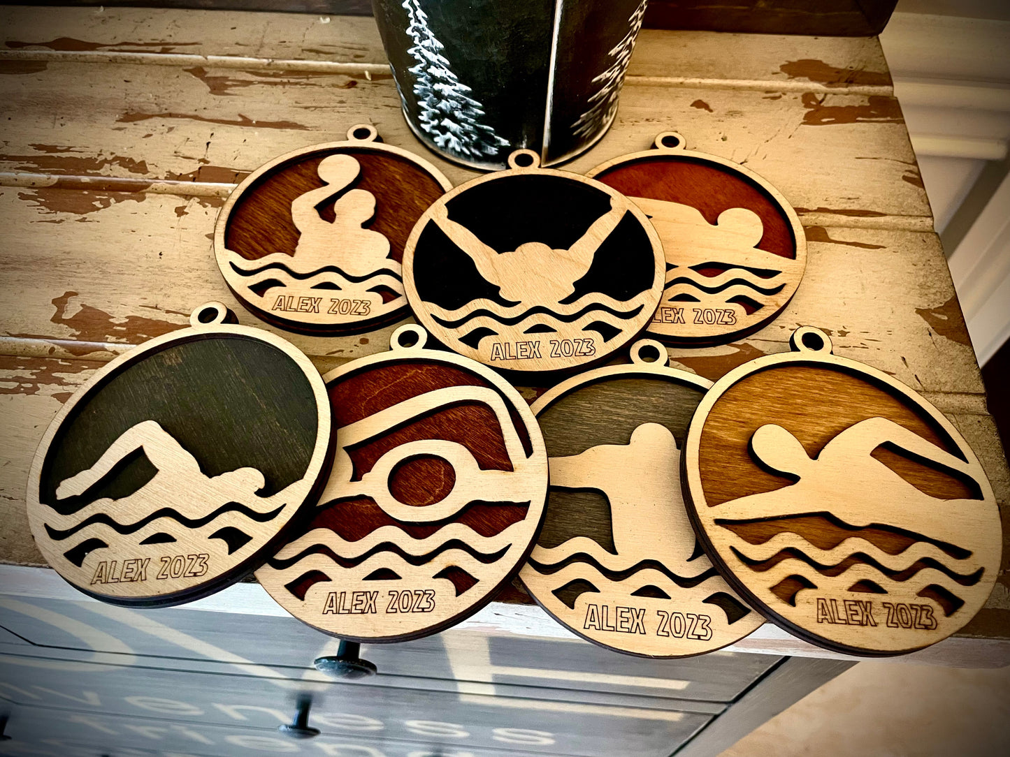 Swimming Personalized 2-Layer Wood Christmas Ornament & Gift Tag | Multiple Finishes | Sports Gift (#3)