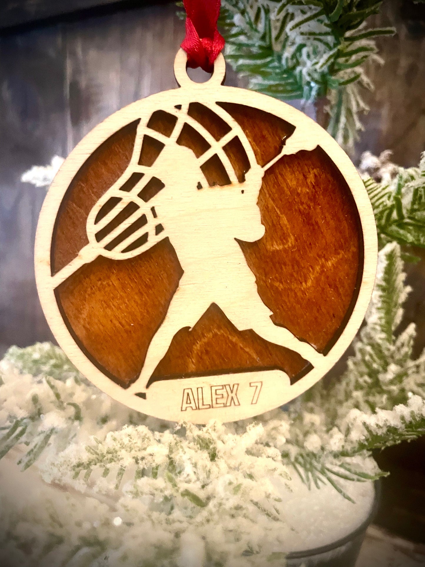 Lacrosse Player Personalized 2-Layer Wood Christmas Ornament & Gift Tag | Multiple Finishes | Lacrosse Gift (#6)