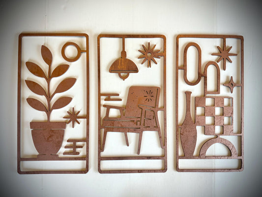 Mid Century Modern Still Life Wood Wall Art | 3-Panel Set | Multiple Sizes & Finishes | Style L