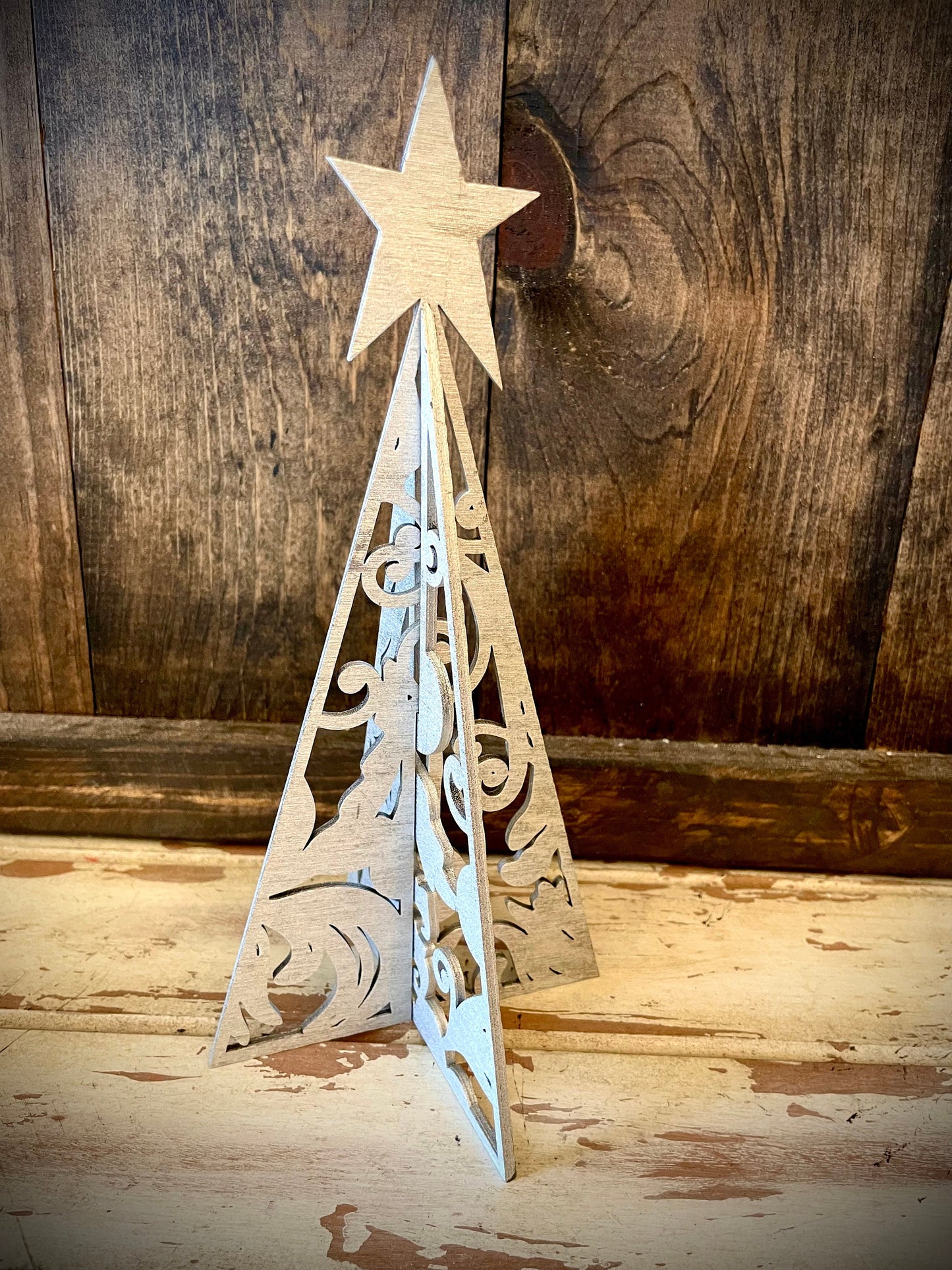 3D Flourish Pine Tree with Star Wood Tabletop Decor | 3 Sizes, 14 Finishes